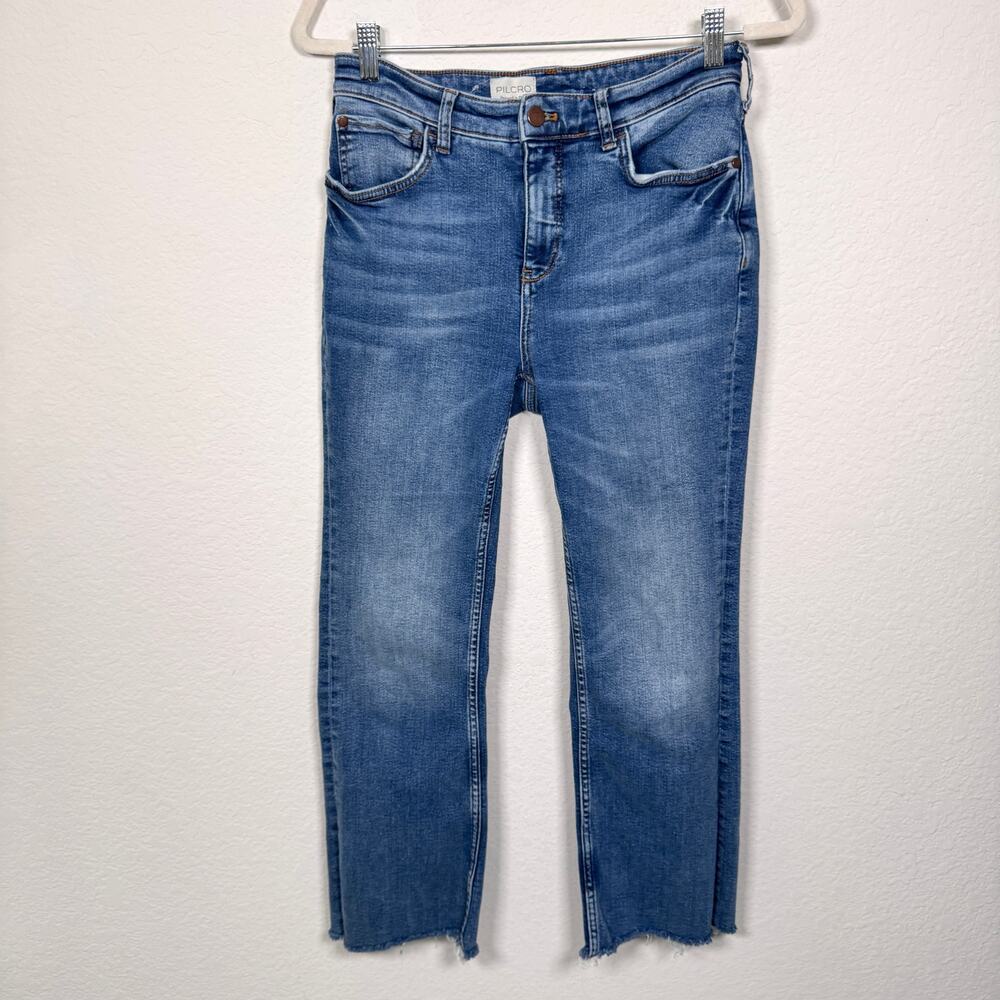 Anthro Pilcro Womens the Yaya Kick Flare Raw Hem Jeans Size 29 Stretch Blue